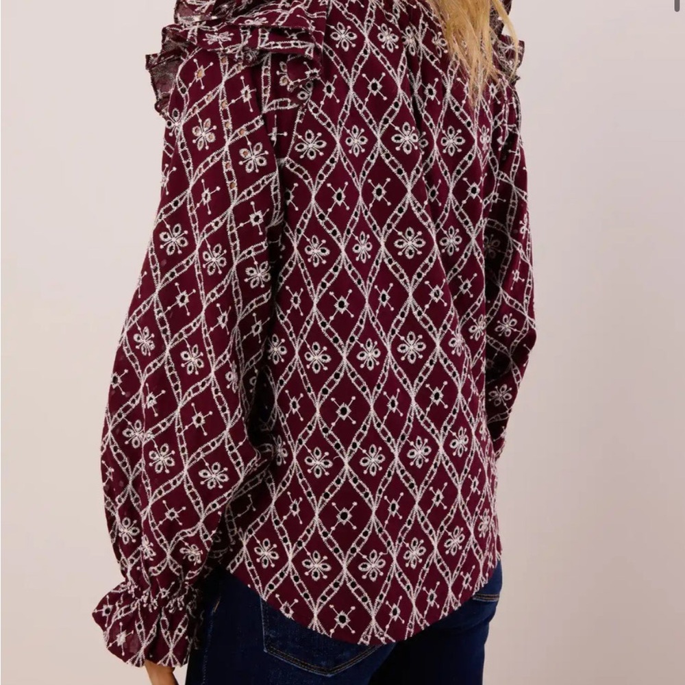 Women's Burgundy Patterned Ruffle Top - Picture 5 of 7